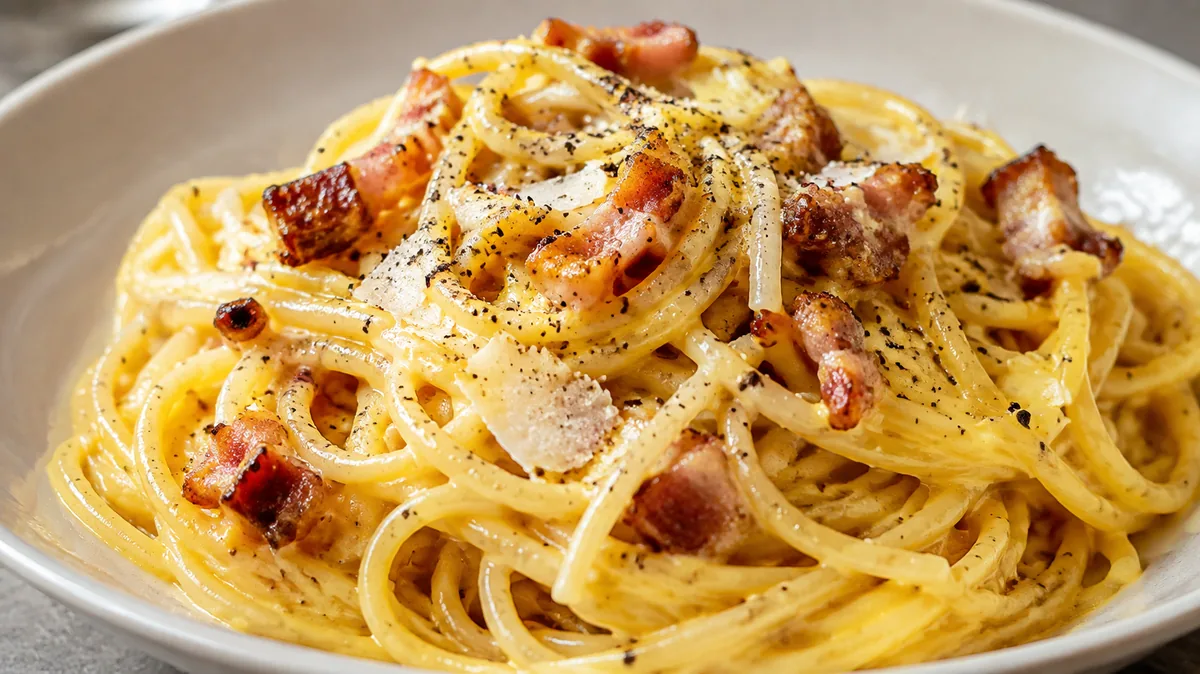 Spaghetti carbonara à la pancetta sauce brillante