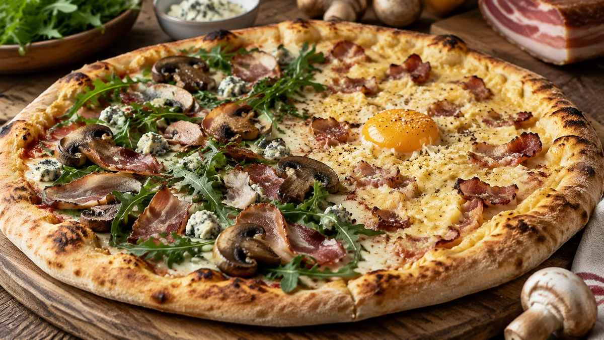 Variantes de pizza pancetta avec roquette champignons gorgonzola